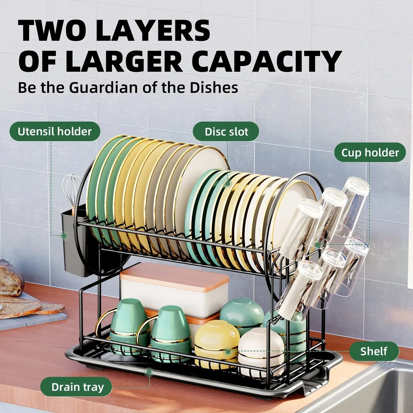 2 Tier Dish Drying Rack Drain Board Set Tableware Drainer Kitchen Rack