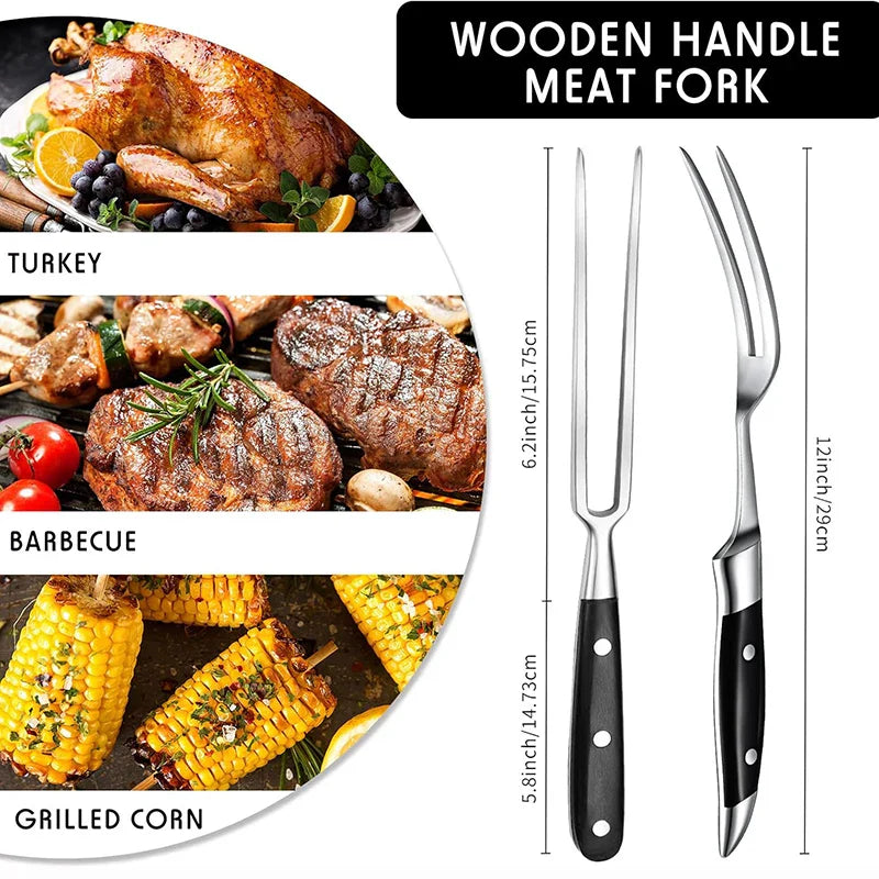 12" Stainless Steel Meat Fork with Wooden Handle for Grill BBQ Cooking
