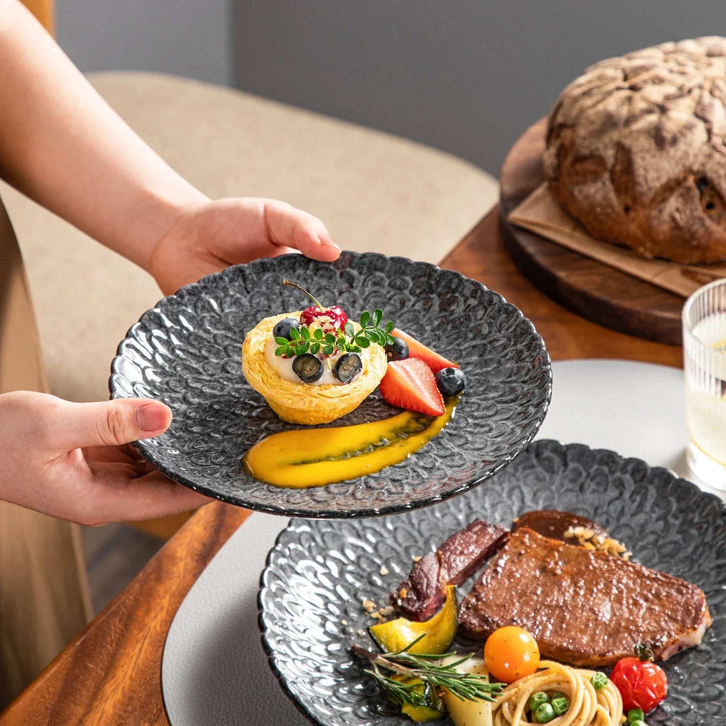 12/24pcs Stoneware Dinnerware Set Textured Ceramic Combination Set