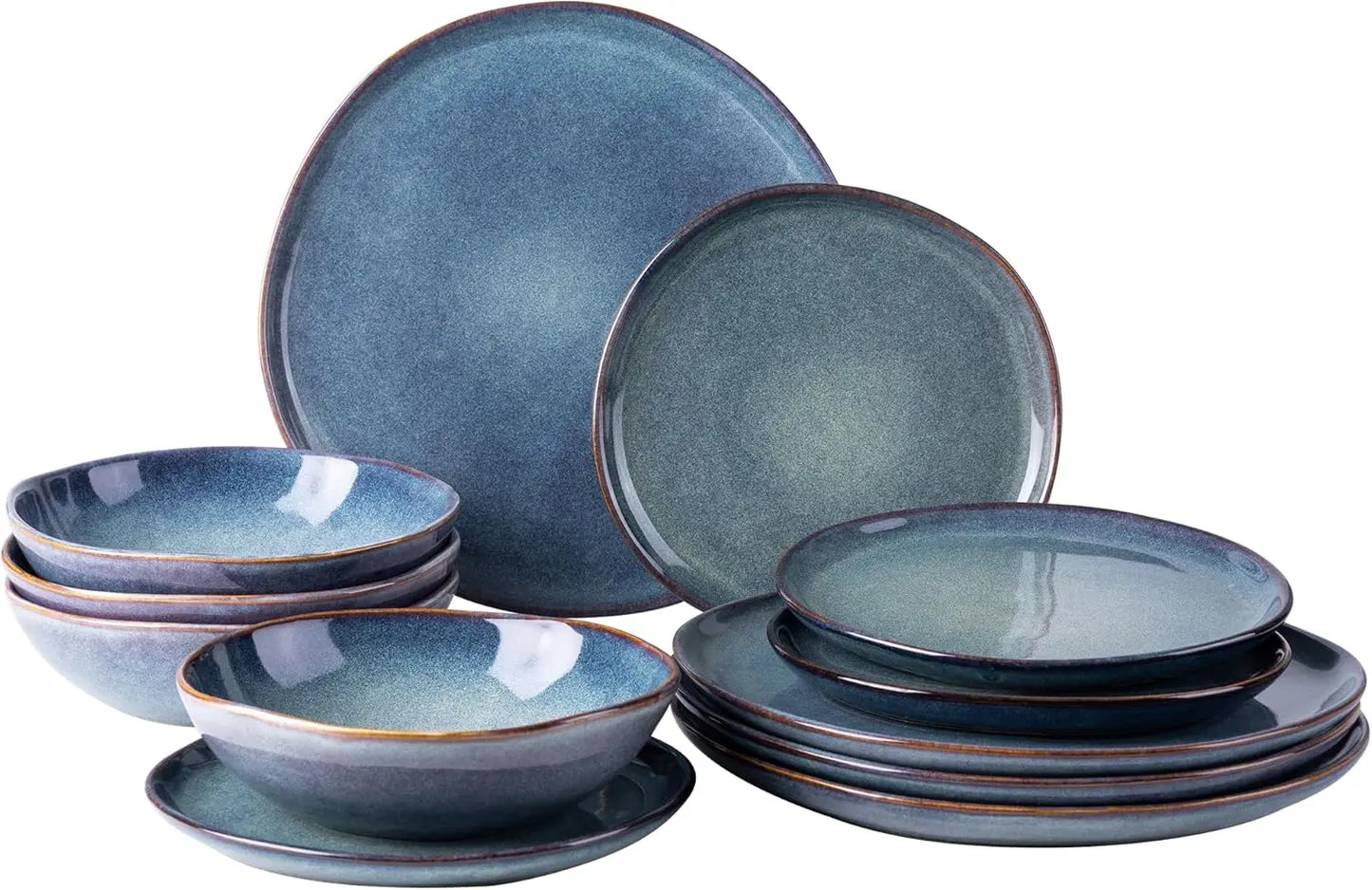12pcs Ceramic Handmade Reactive Glaze Plates and Bowls Dinnerware Set