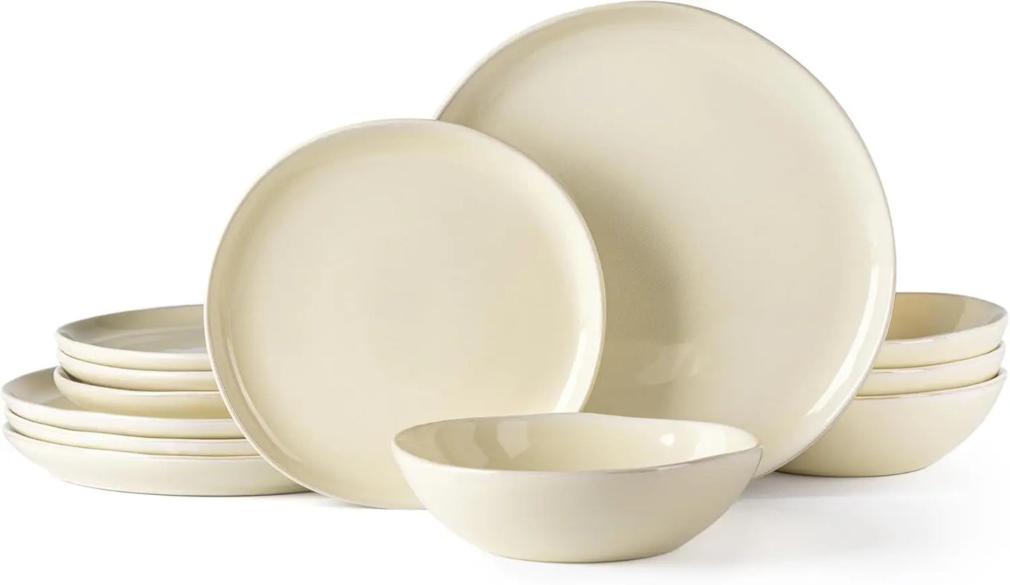 12pcs Ceramic Handmade Reactive Glaze Plates and Bowls Dinnerware Set