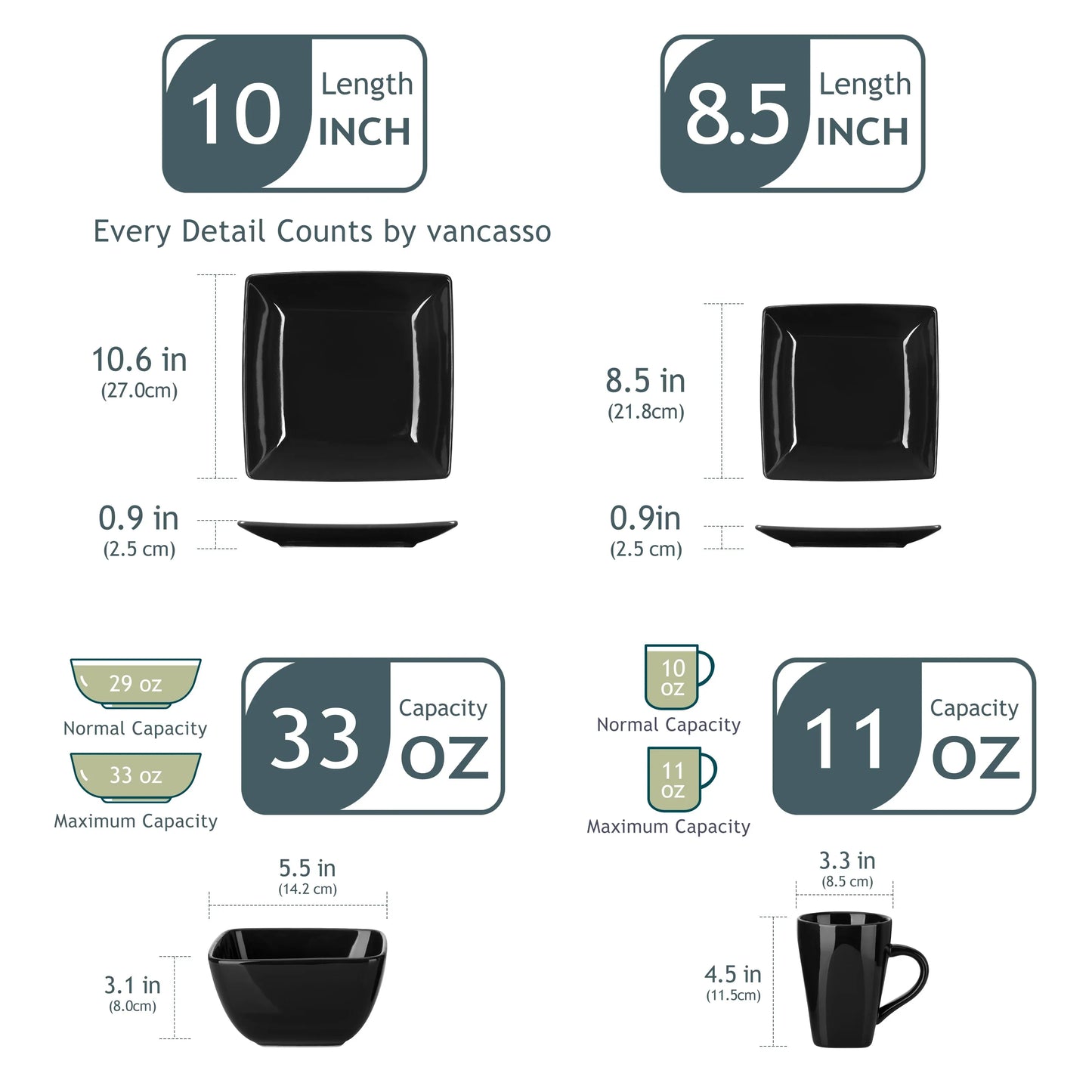 16/32/48pcs Solid Color Black Ceramic Porcelain Square Dinnerware Set