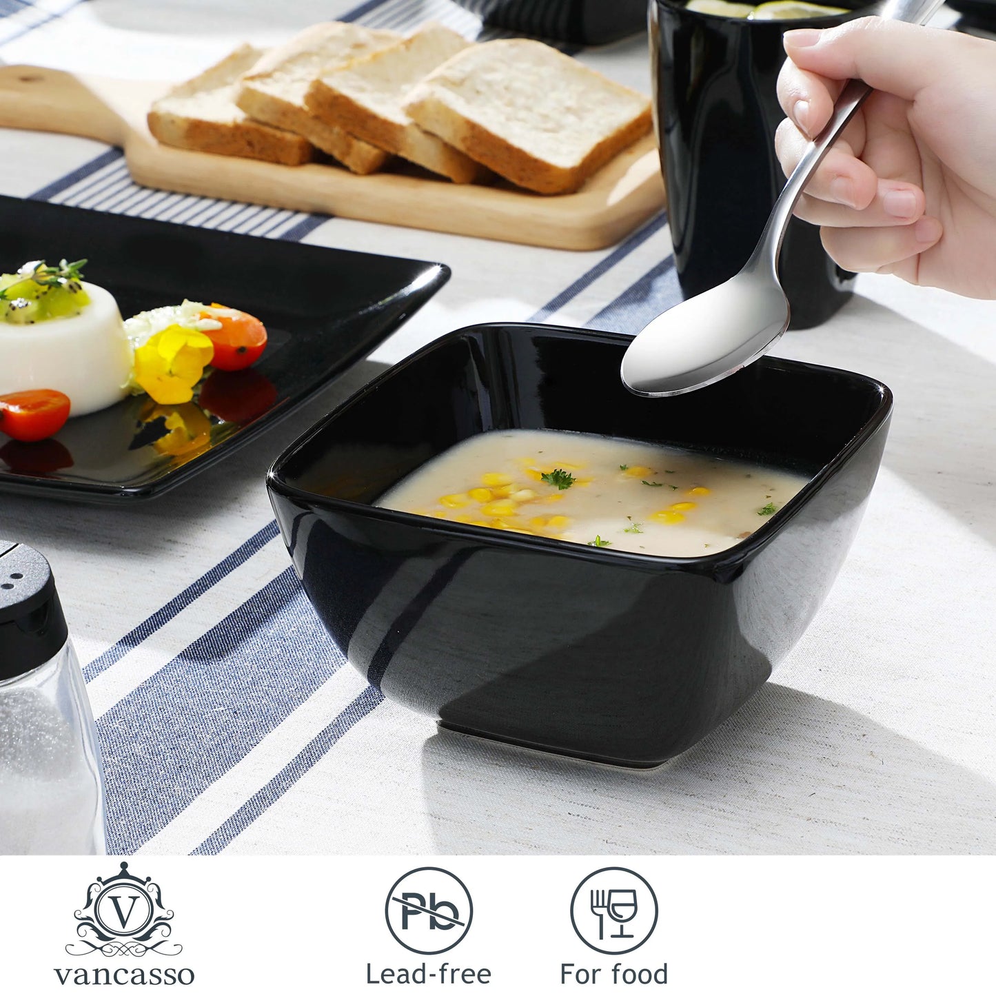 16/32/48pcs Solid Color Black Ceramic Porcelain Square Dinnerware Set