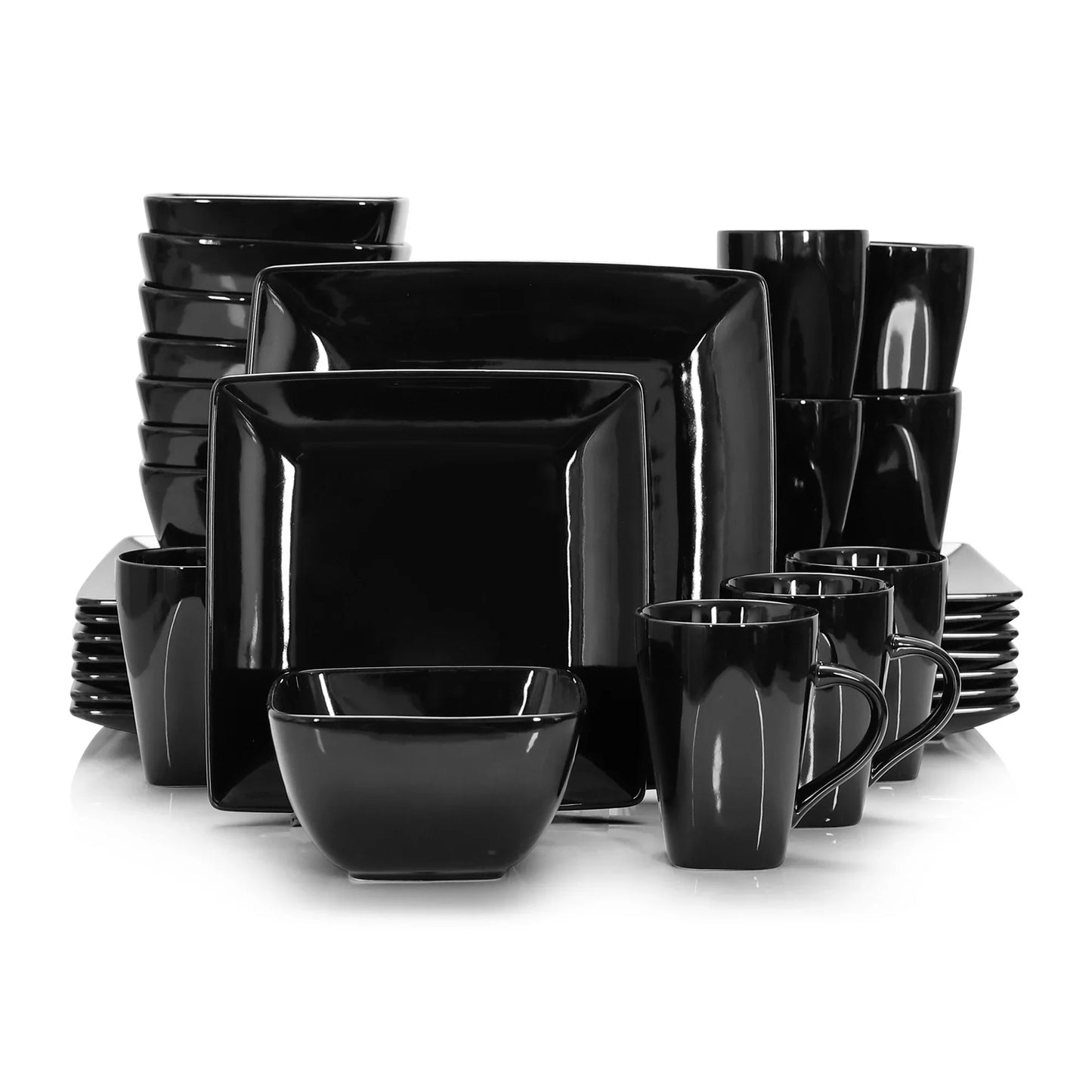 16/32/48pcs Solid Color Black Ceramic Porcelain Square Dinnerware Set