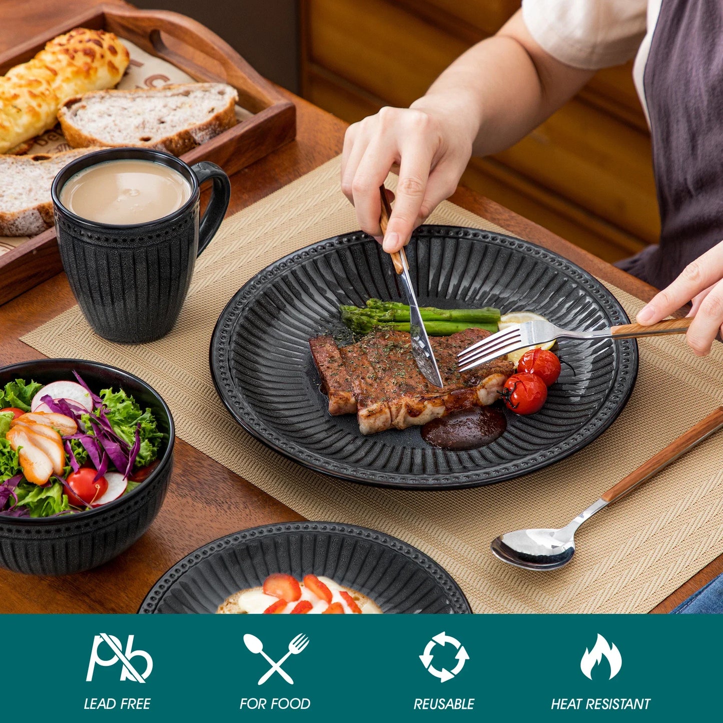 16/32pcs Relief Ceramic Plates Dessert Cereal Bowl Mug Tableware Set