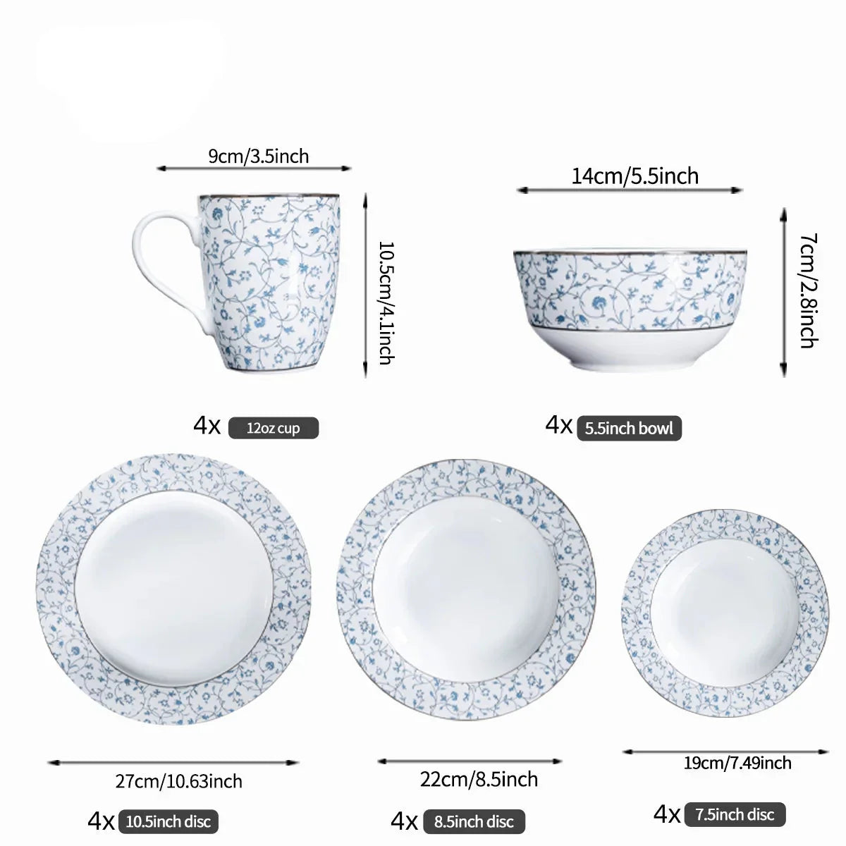 20pcs Blue Floral Print Ceramic Dinnerware Set for 4 Tableware Set