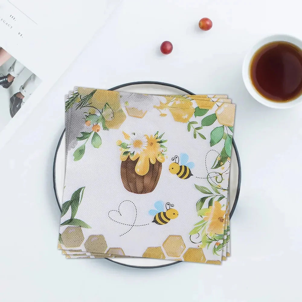 20pcs Napkins Paper Pastoral Style Bee Napkins Retro Rose Print Napkin