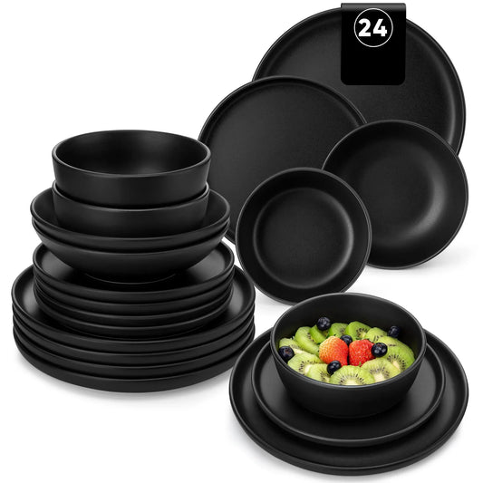 24pcs Black Reactive Glaze Stoneware Set Oven Safe Dinnerware Set