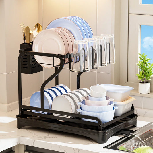 2Tier Metal Dish Drying Drainer Rack With Drainboard Kitchen Counter