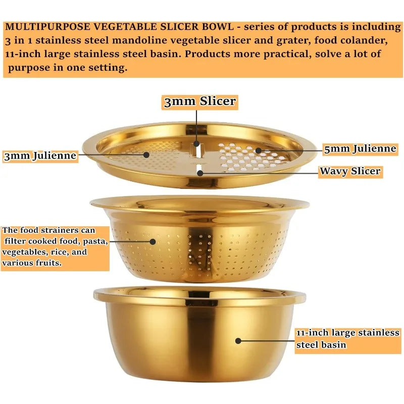 3pcs Stainless Steel Round Colander Vegetable Slicer Grater Strainer