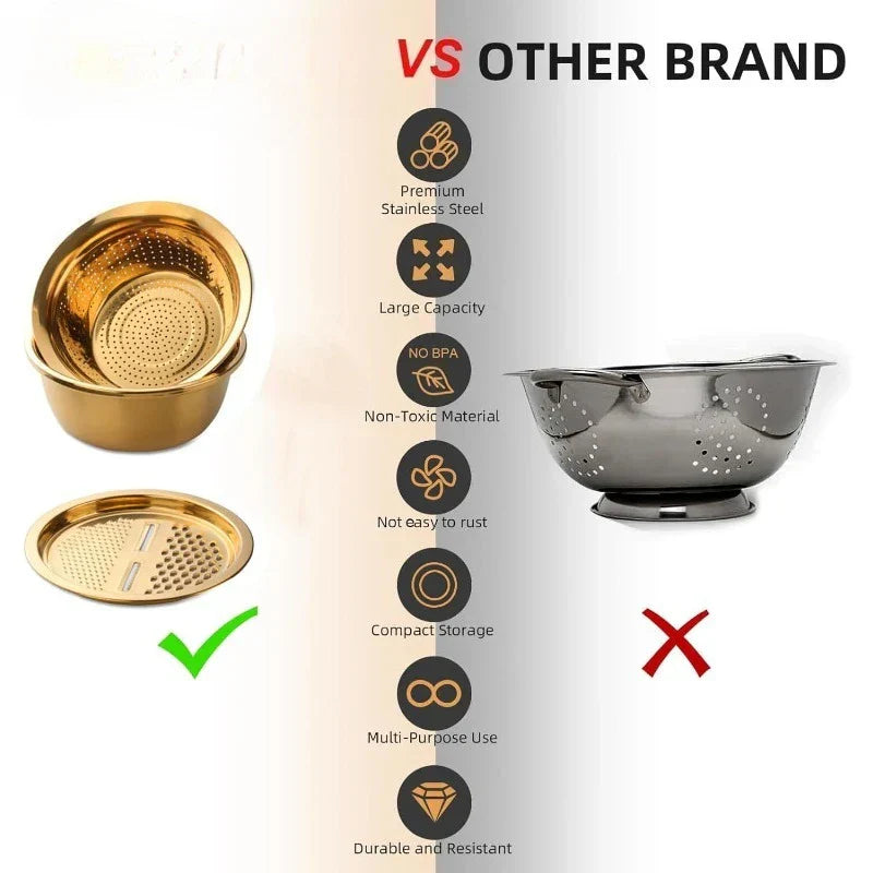 3pcs Stainless Steel Round Colander Vegetable Slicer Grater Strainer