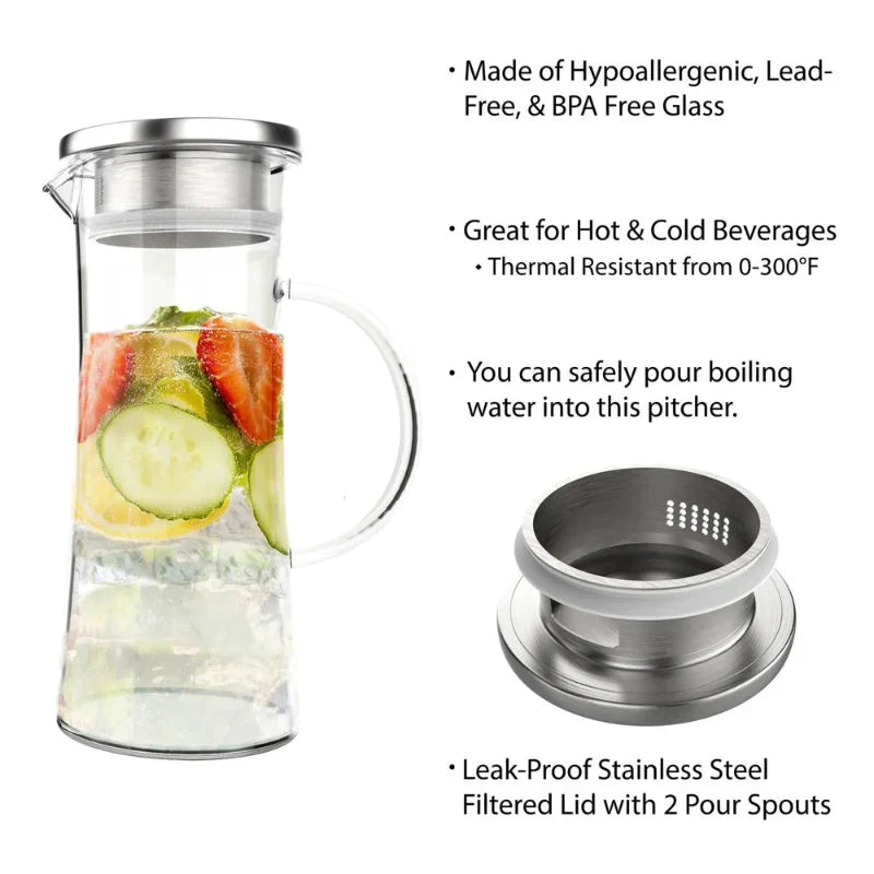 50oz Heat Resistant Glass Pitcher with Stainless Steel Filter Leak Lid