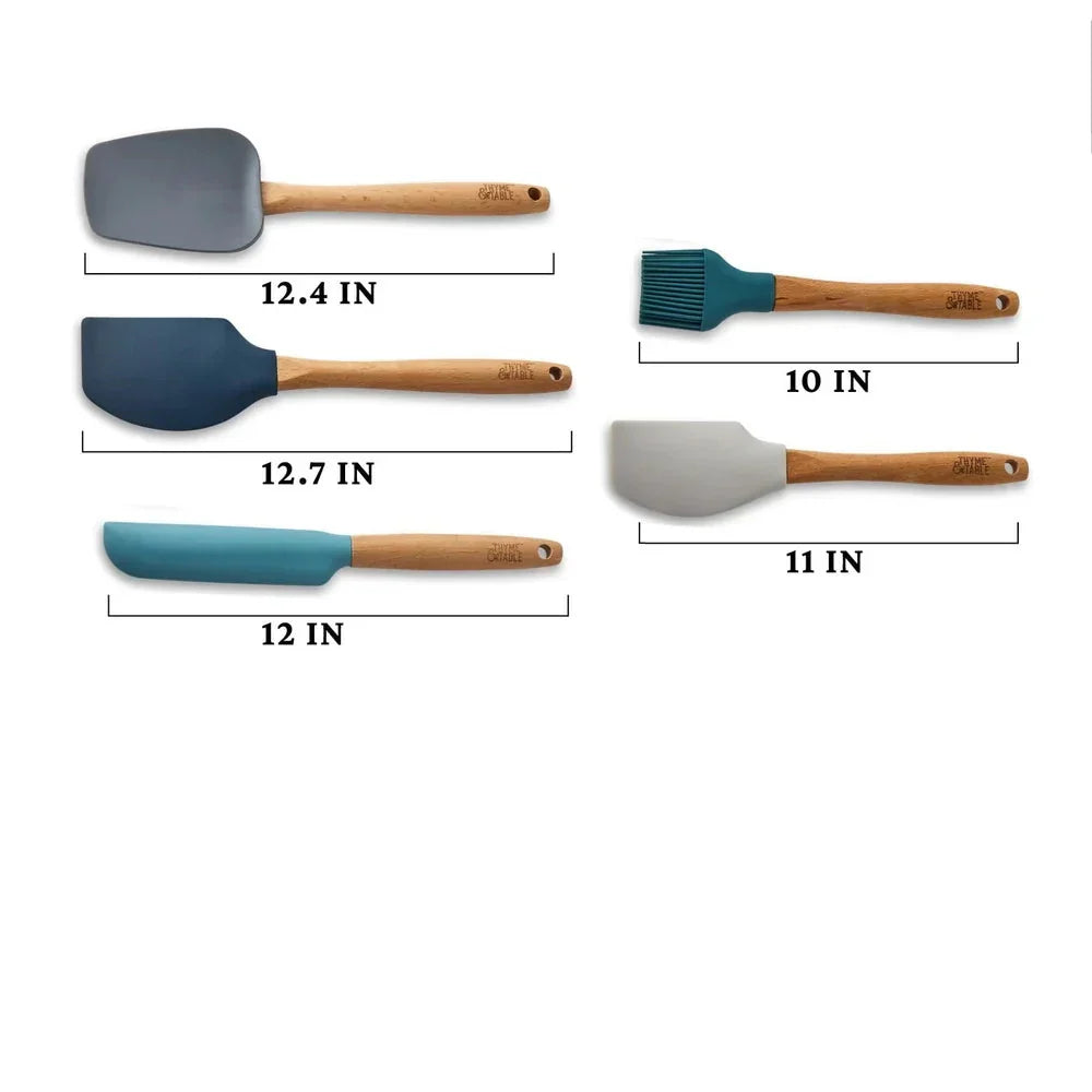 5pcs Heat Resistant Silicone Utensil Set with Beechwood Handle