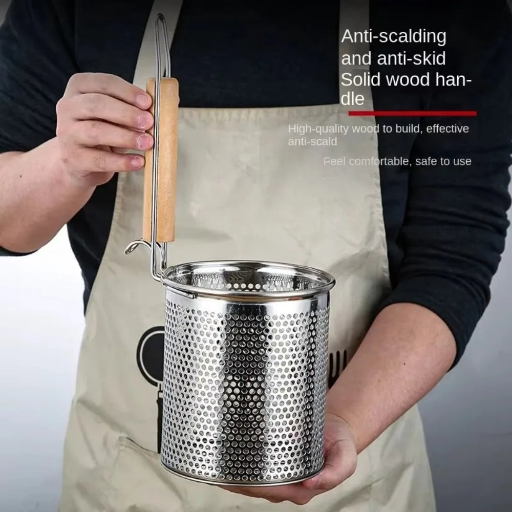 Thickened Stainless Steel Funnel Wooden Handle Pasta Basket Strainer