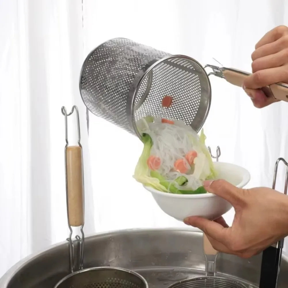 Thickened Stainless Steel Funnel Wooden Handle Pasta Basket Strainer