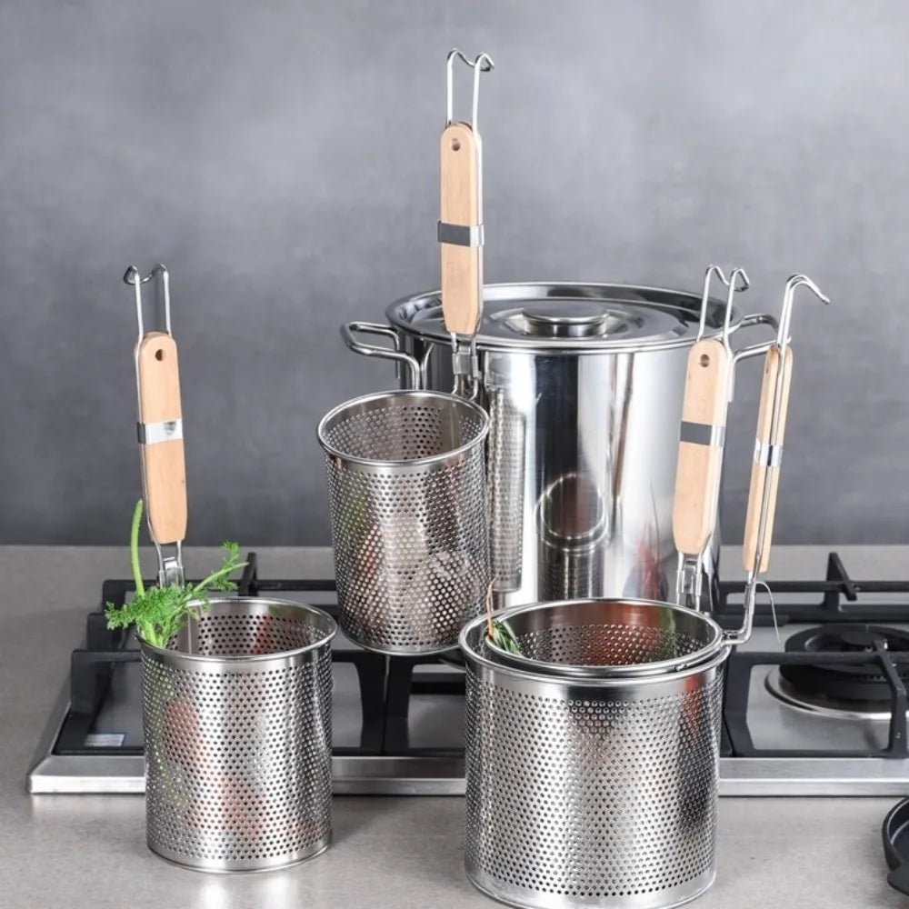 Thickened Stainless Steel Funnel Wooden Handle Pasta Basket Strainer