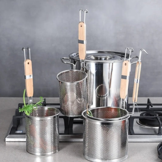 Thickened Stainless Steel Funnel Wooden Handle Pasta Basket Strainer