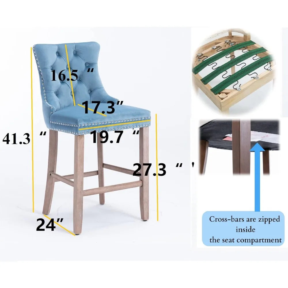 Velvet Bar Stools Upholstered Bar Chairs with Button Tufted Wood Legs