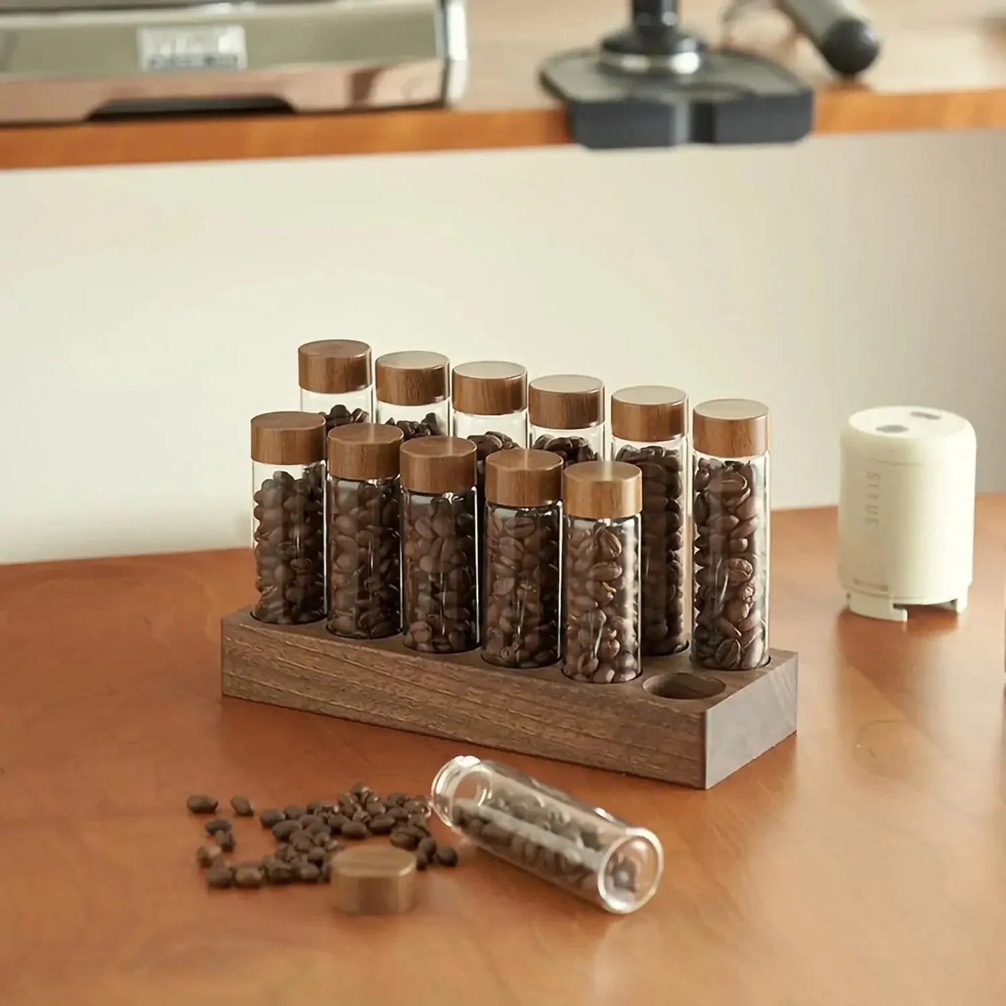 Walnut Solid Wood Base Single Dose Coffee Bean Storage Wooden Holder
