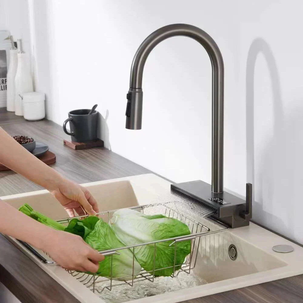 Waterfall Kitchen Faucet Temperature Display Pull Out Sink Tap