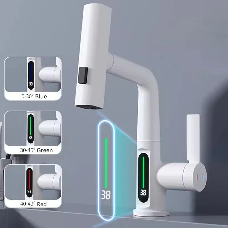 Waterfall Pull Out Kitchen Faucet White Intelligent Digital Display Tap