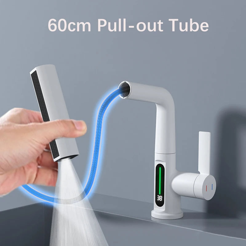 Waterfall Pull Out Kitchen Faucet White Intelligent Digital Display Tap