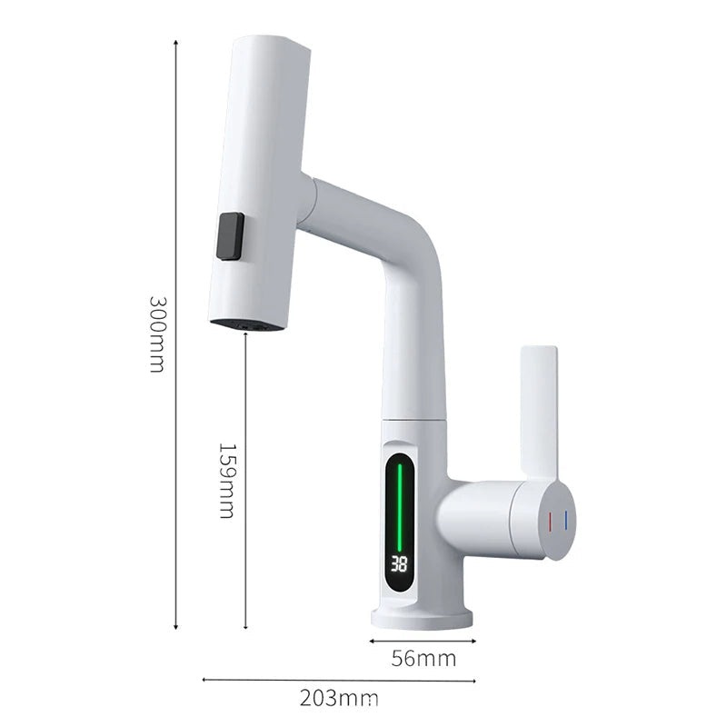 Waterfall Pull Out Kitchen Faucet White Intelligent Digital Display Tap