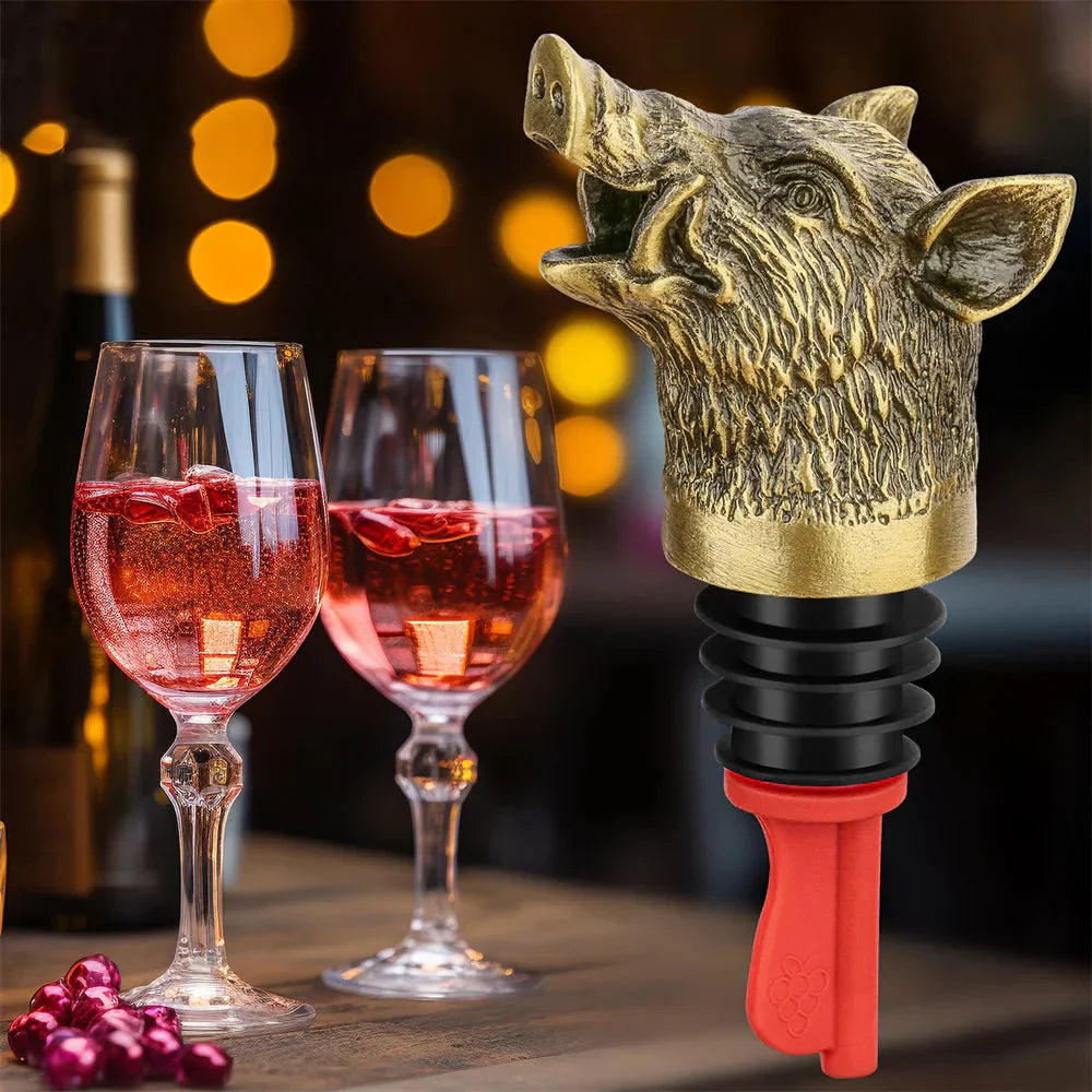 Wild Boar Head 2-In-1 Wine Pourer Bottle Stopper Metal Décor Bottle Plug
