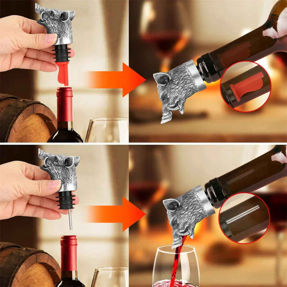 Wild Boar Head 2-In-1 Wine Pourer Bottle Stopper Metal Décor Bottle Plug