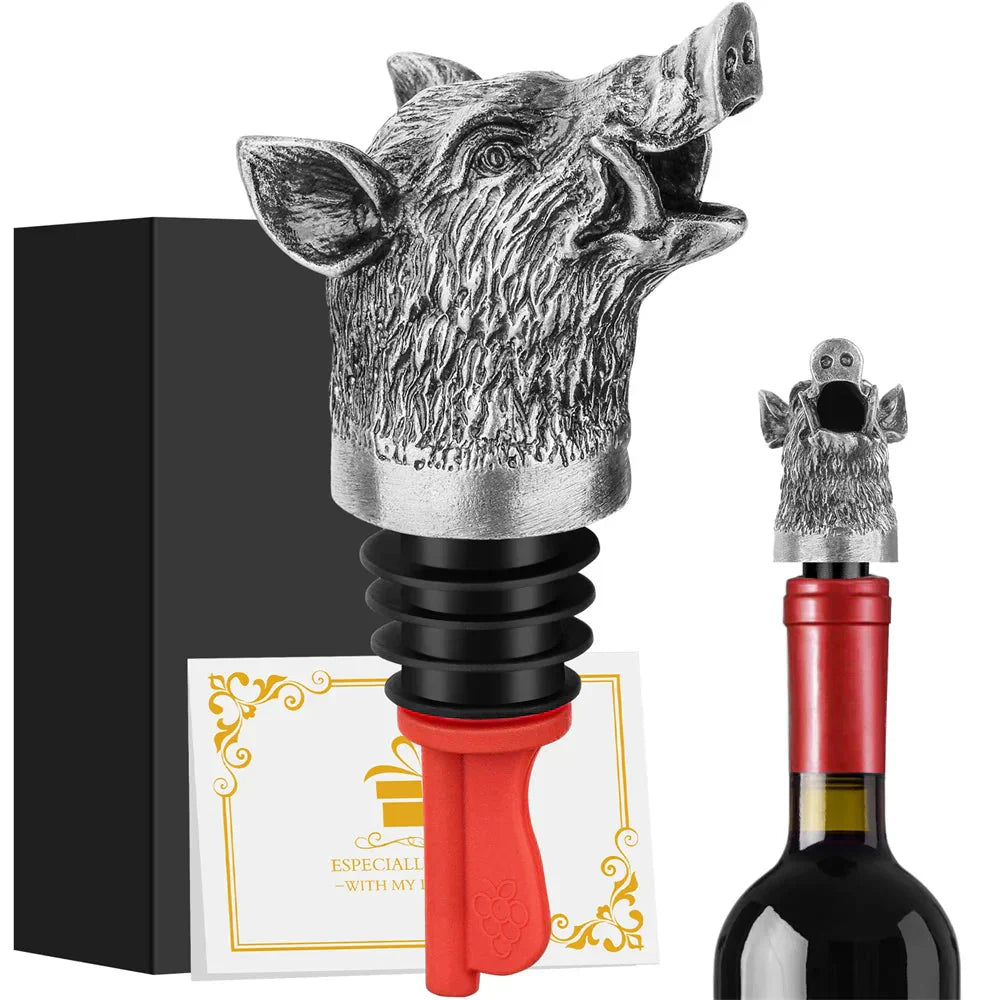 Wild Boar Head 2-In-1 Wine Pourer Bottle Stopper Metal Décor Bottle Plug